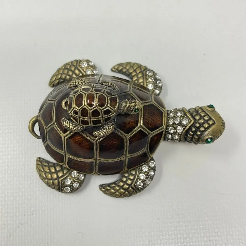 Sea Turtle & Baby Rhinestone Enamel Metal Trinket Pill Ring Box Hinged Magnetic